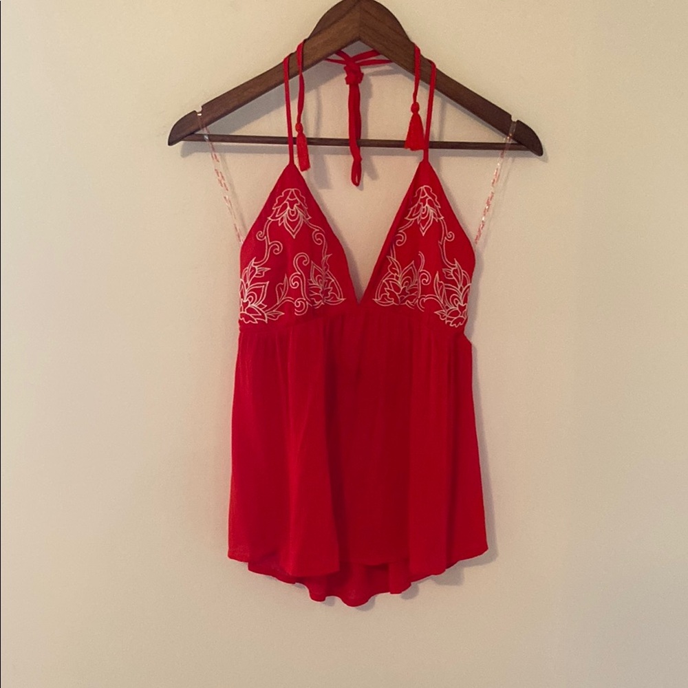 Red Halter Top with White Embroidery
